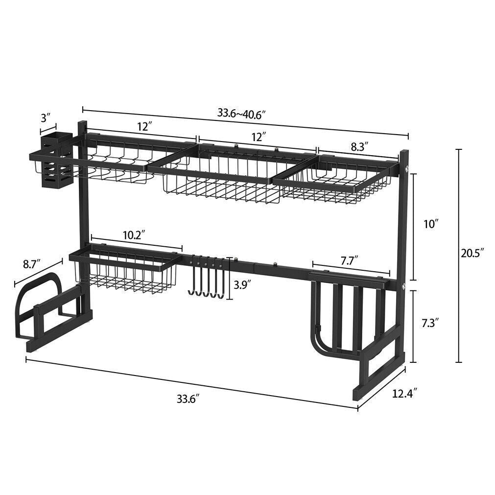 2-Tiers Adjustable Large Capacity Dish Drying Rack Over-The-Sink Space-Saving US