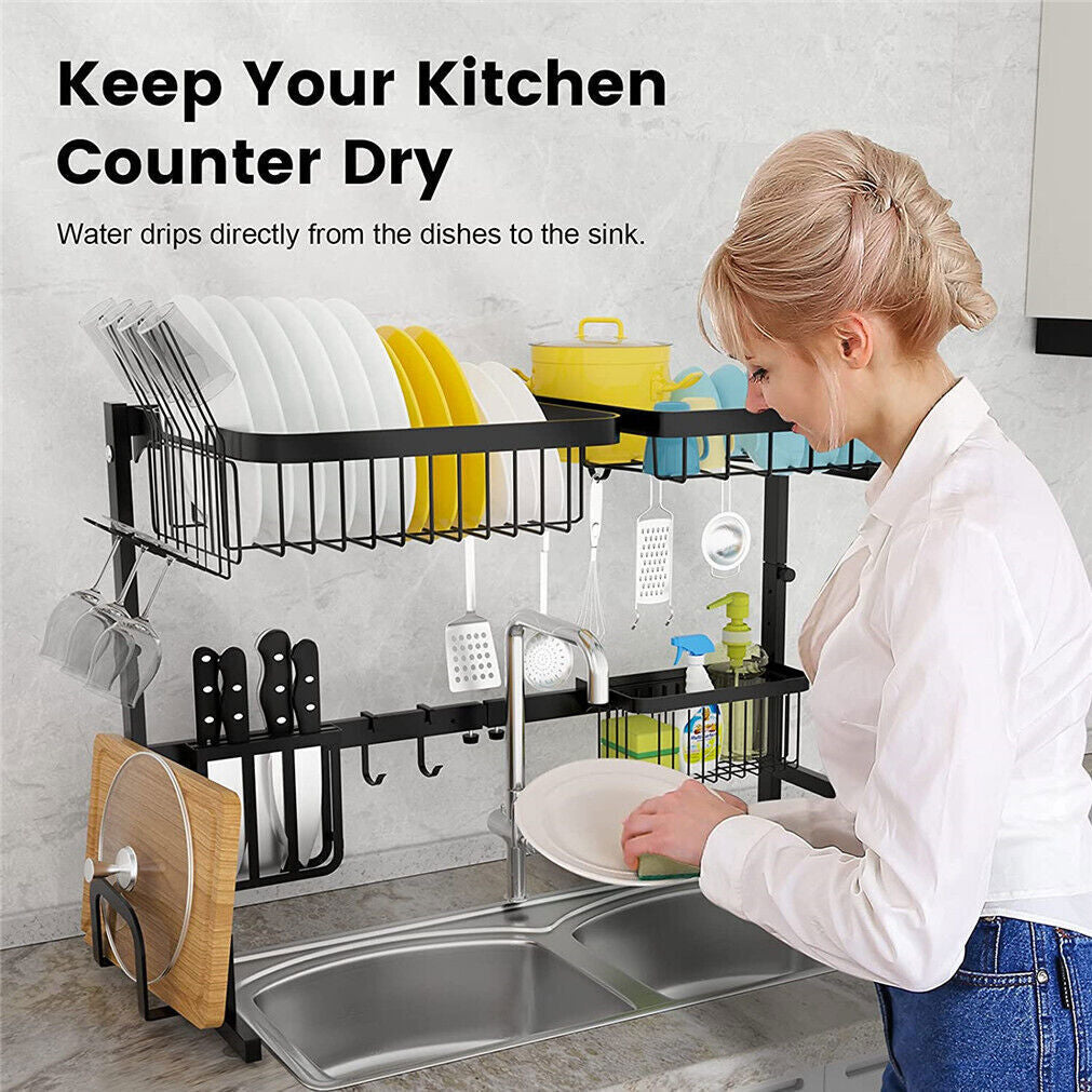 2-Tiers Adjustable Large Capacity Dish Drying Rack Over-The-Sink Space-Saving US