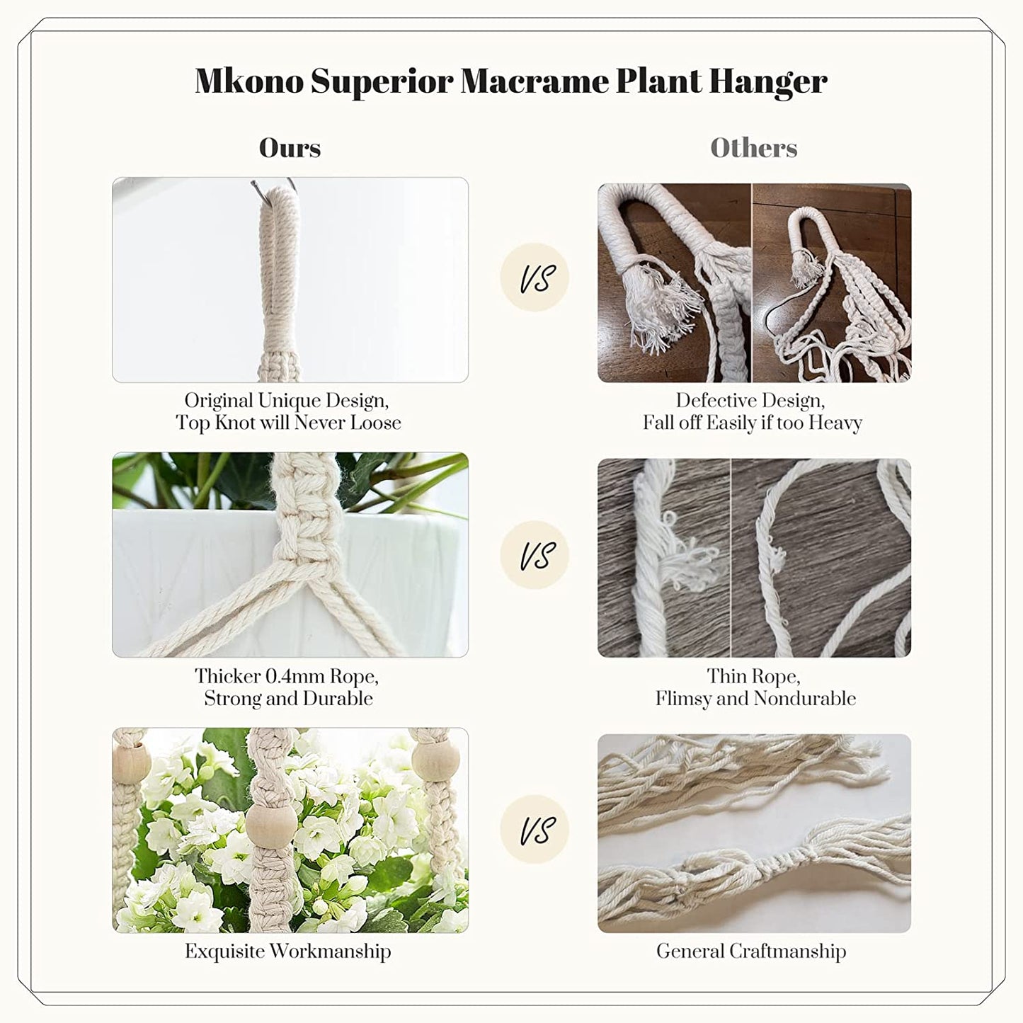 3-Pack Macrame Plant Hangers with Pots (Ivory)