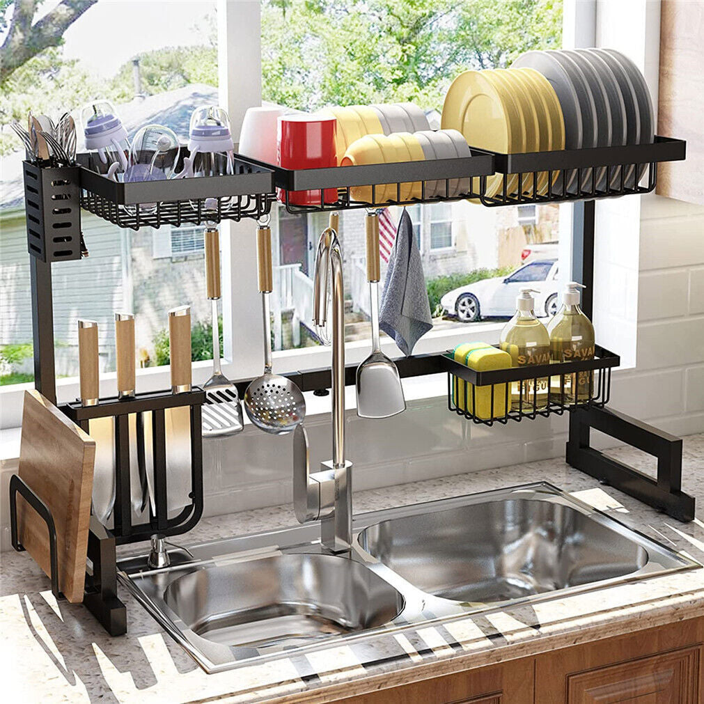 2-Tiers Adjustable Large Capacity Dish Drying Rack Over-The-Sink Space-Saving US