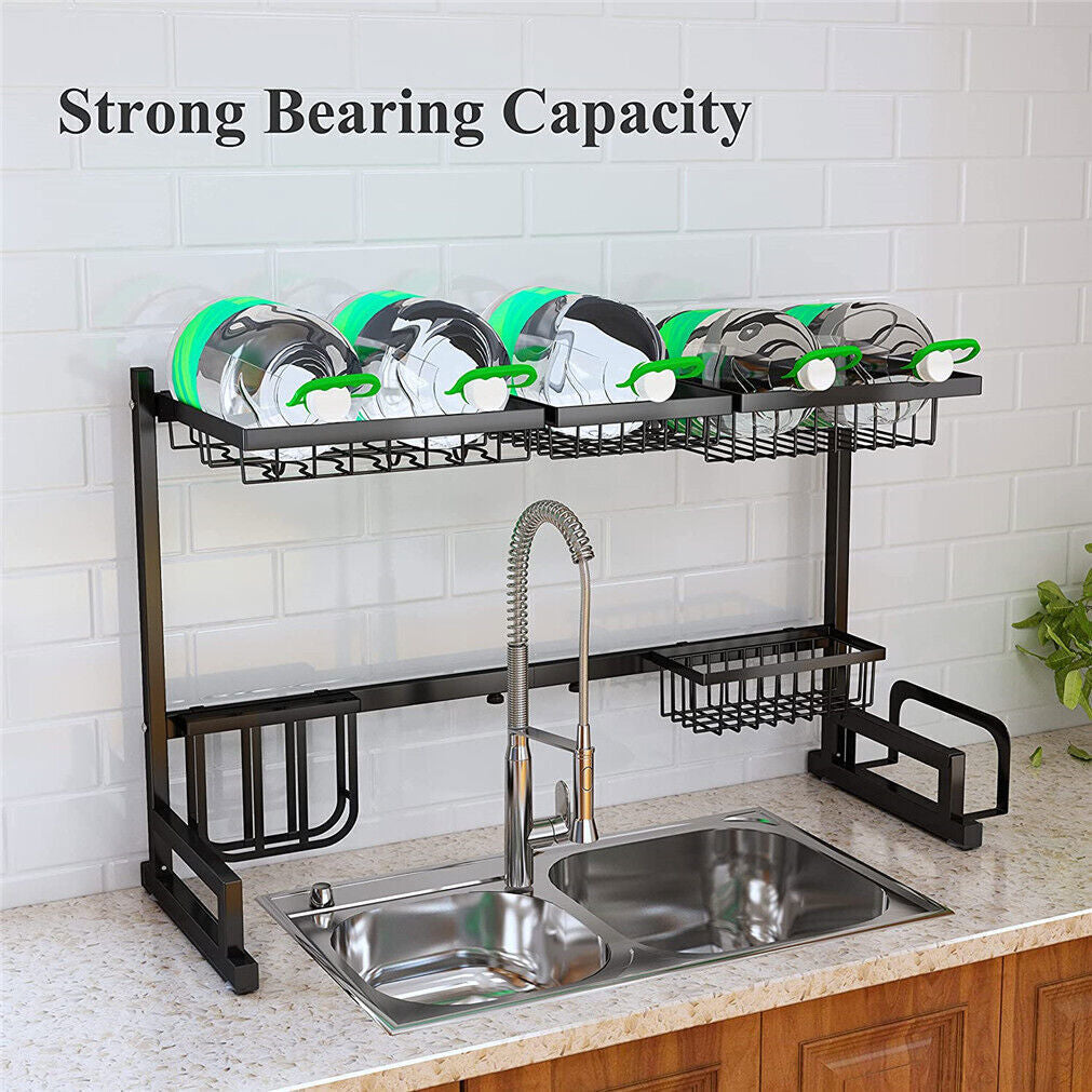 2-Tiers Adjustable Large Capacity Dish Drying Rack Over-The-Sink Space-Saving US