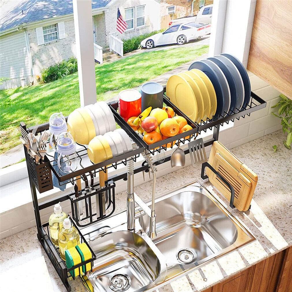 2-Tiers Adjustable Large Capacity Dish Drying Rack Over-The-Sink Space-Saving US