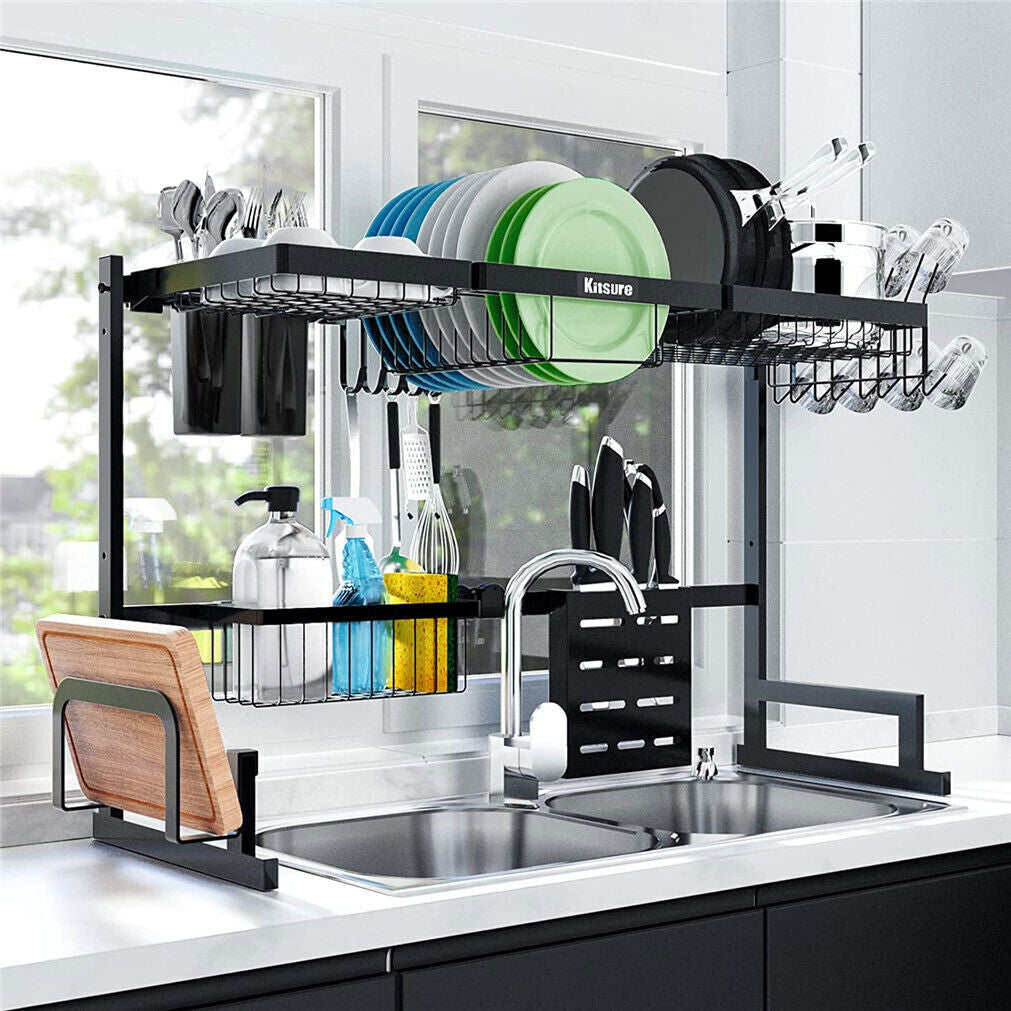 2-Tiers Adjustable Large Capacity Dish Drying Rack Over-The-Sink Space-Saving US