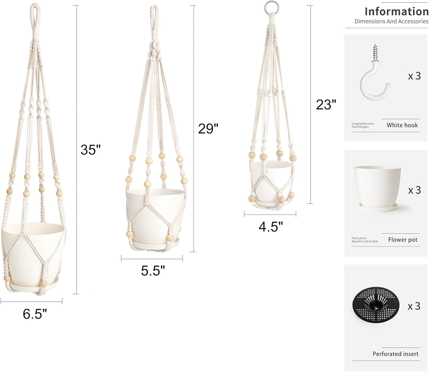 3-Pack Macrame Plant Hangers with Pots (Ivory)