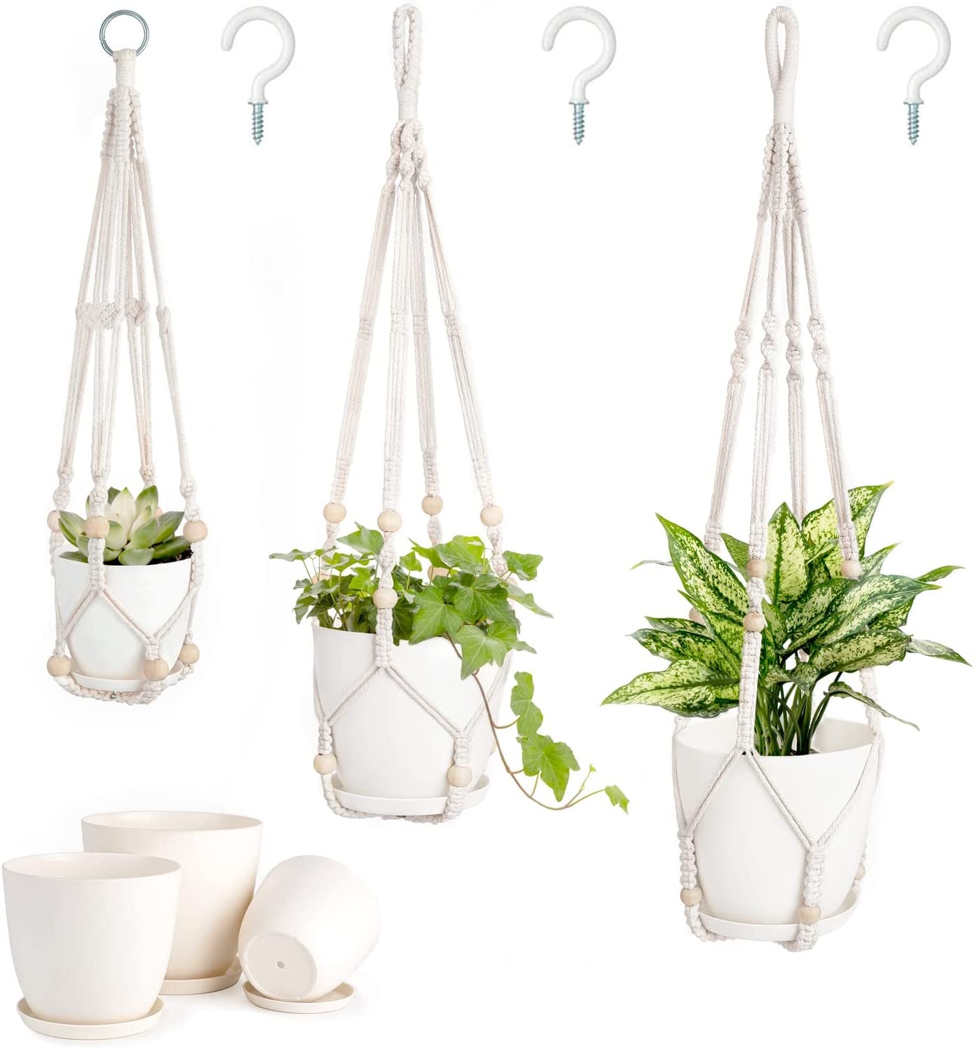 3-Pack Macrame Plant Hangers with Pots (Ivory)