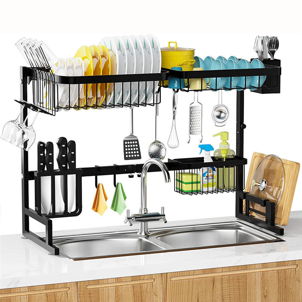 2-Tiers Adjustable Large Capacity Dish Drying Rack Over-The-Sink Space-Saving US