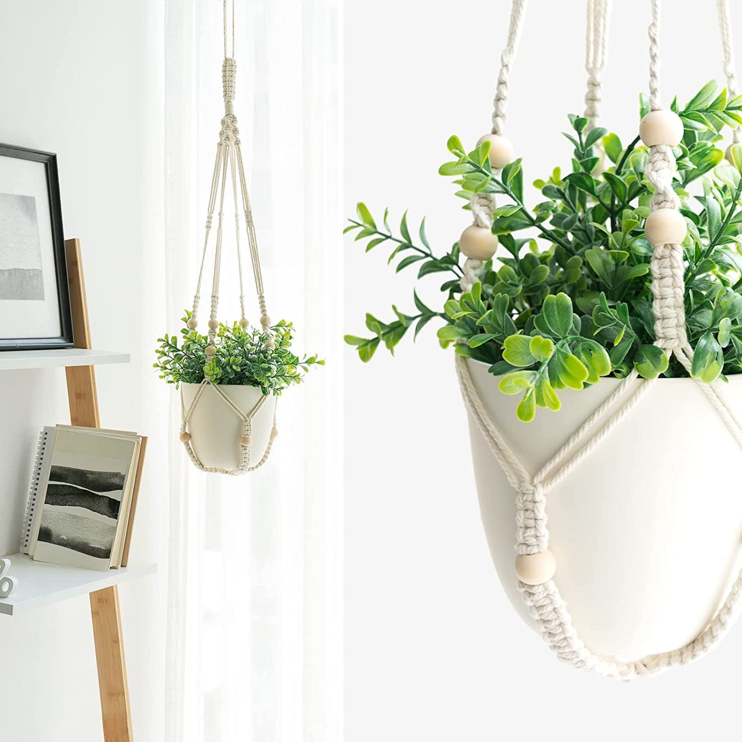 3-Pack Macrame Plant Hangers with Pots (Ivory)