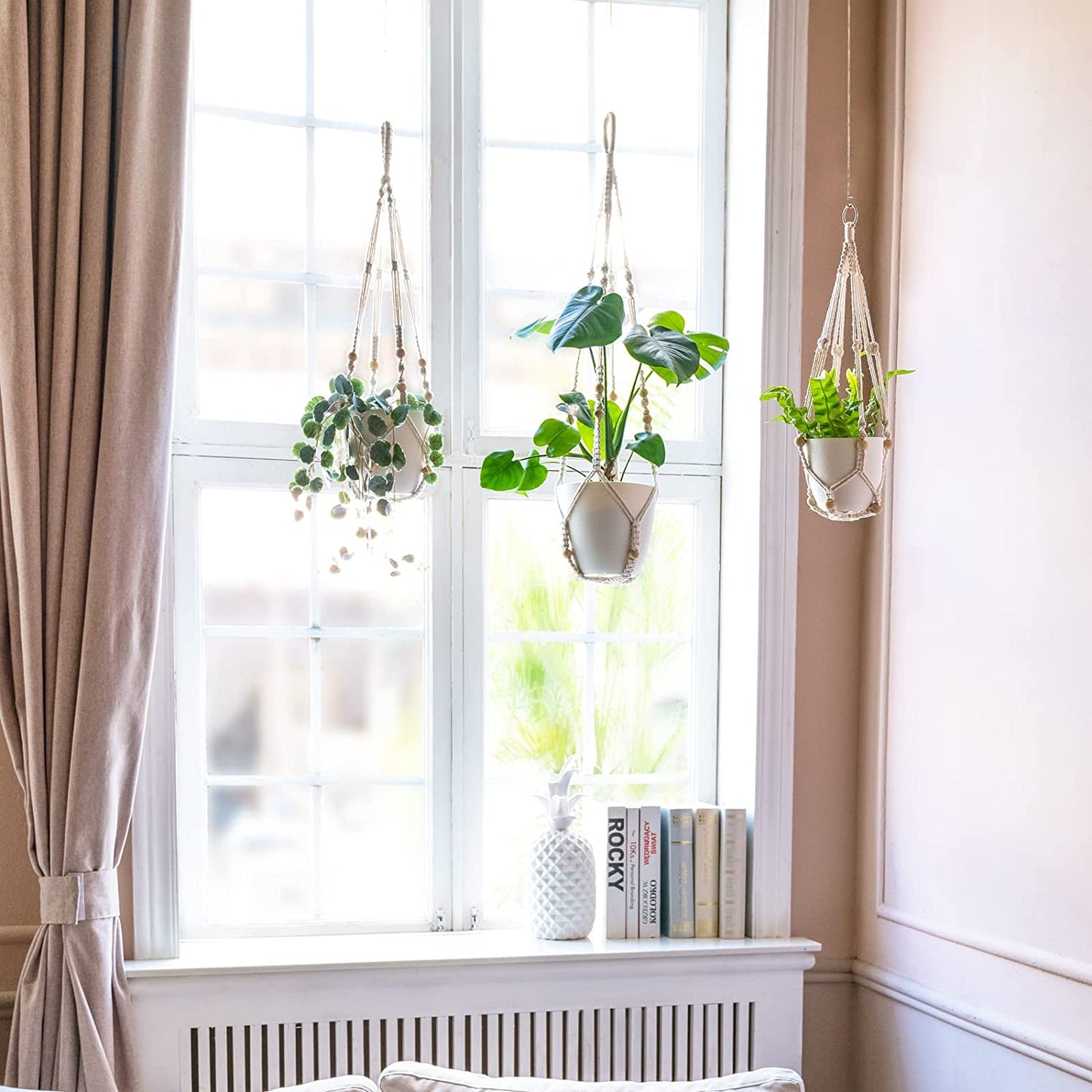 3-Pack Macrame Plant Hangers with Pots (Ivory)